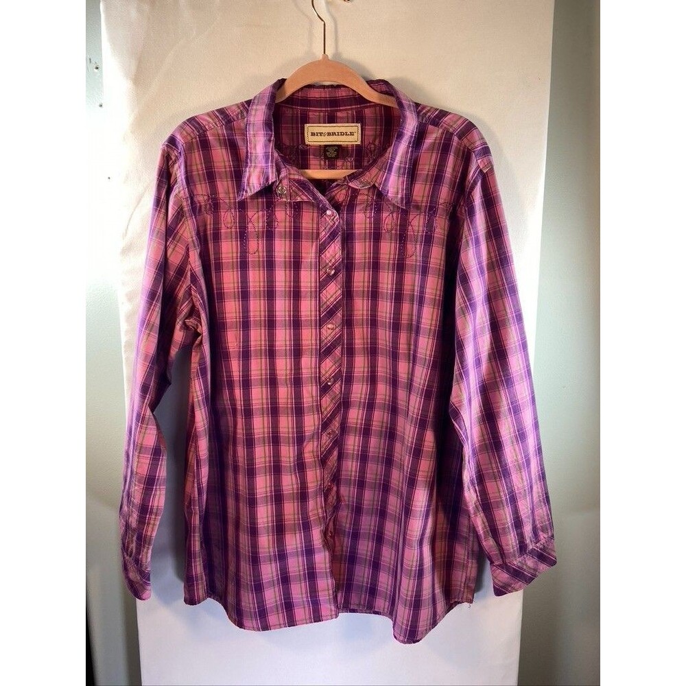 BIT & BRIDLE WOMENS XLARGE 1X PINK PLAID LONG SLEEVE SNAP UP BLOUSE WESTEREN